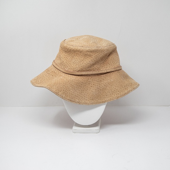 Prada Genuine Leather Textured Ribbon Bow Trim Bucket Sun Hat Neutral Beige M - Picture 2 of 6